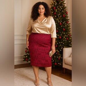 NWT Worthington Red Jacquard Pencil Skirt Plus Size 20W Holiday Party Workwear